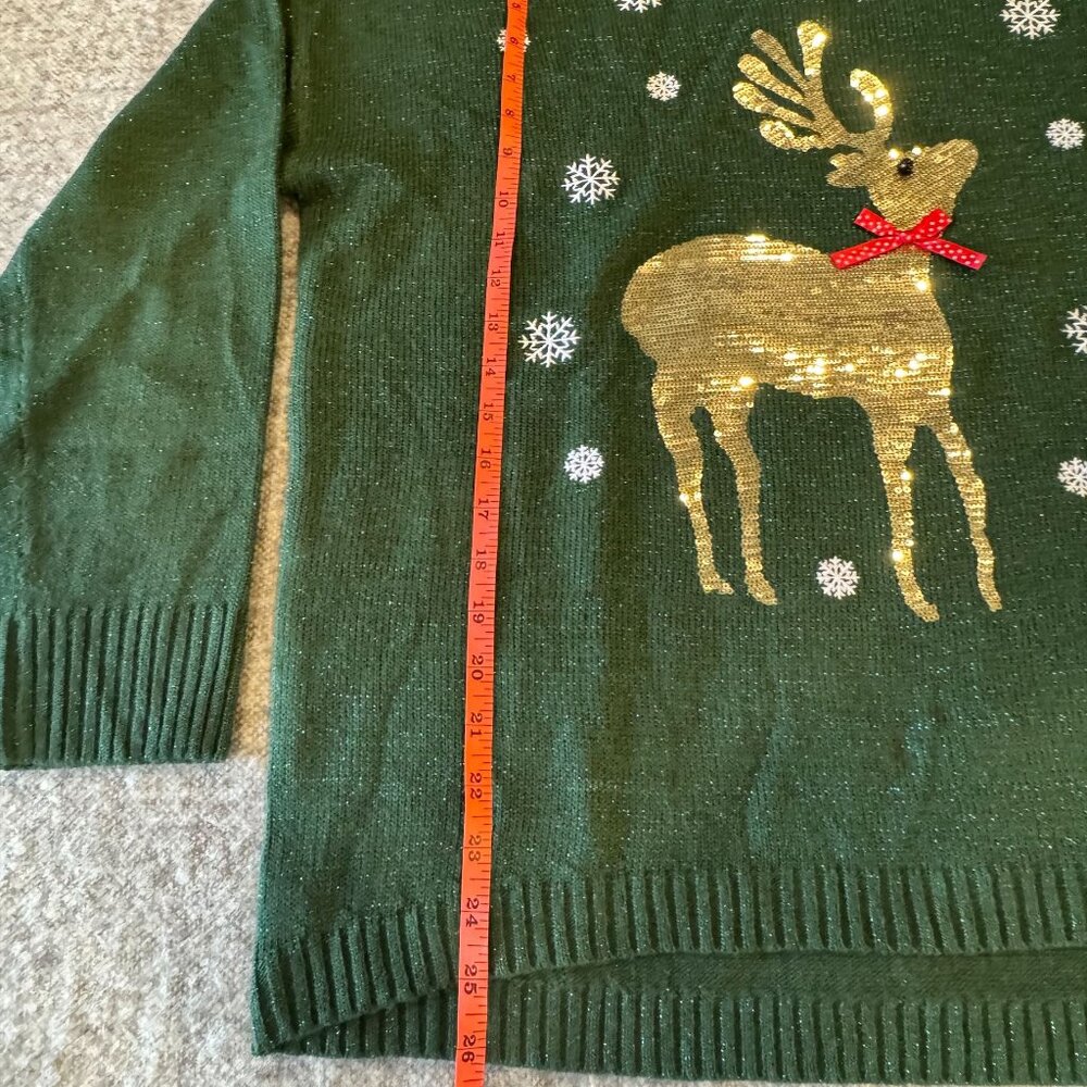 Holiday Christmas Sweater Gold Sparkle Sequin Reindeer Green Women's Size XL